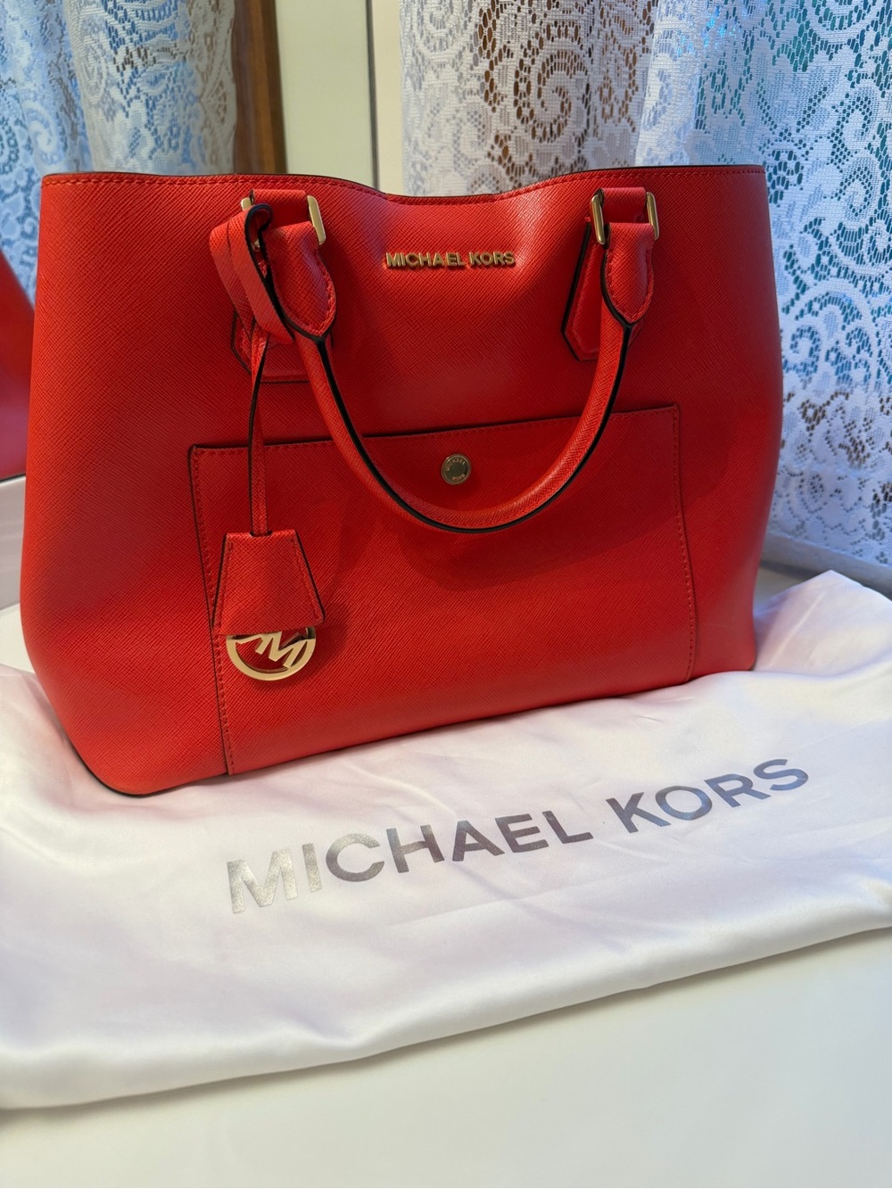 Michael Kors Red-Orange Tote with Gold Hardware